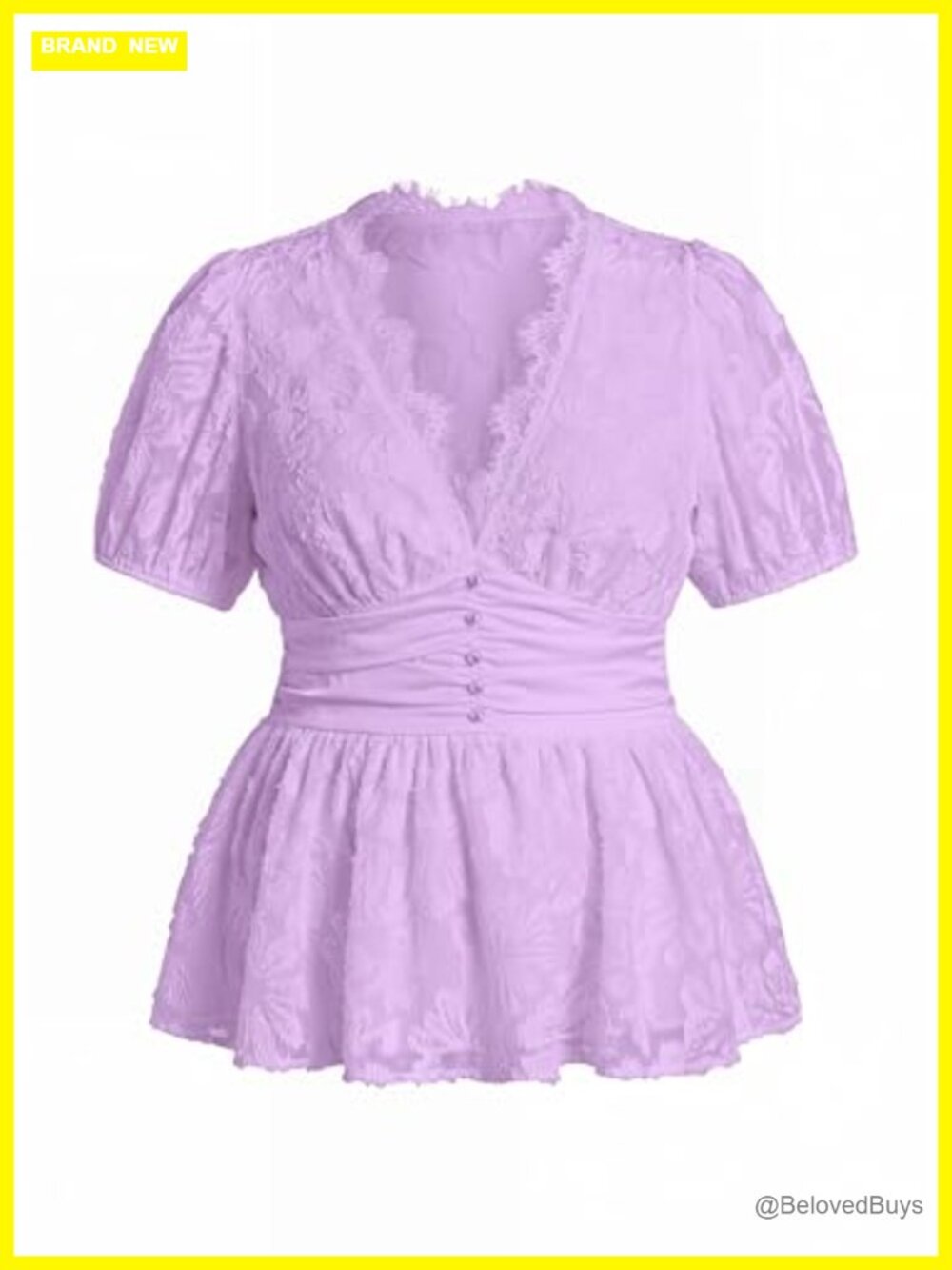 Plus Size Sheer Lace Peplum Top Deep V Short Sleeve Button Blouse